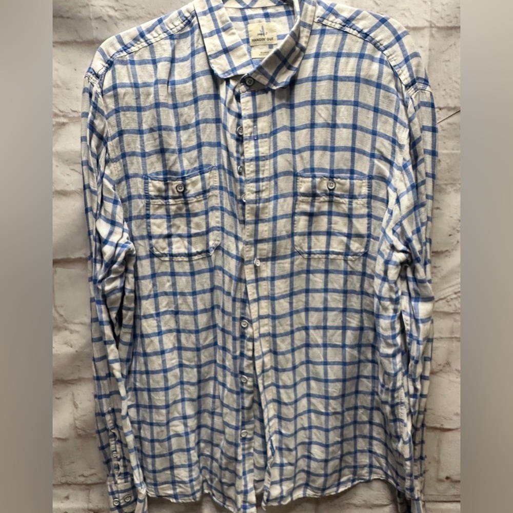 Johnnie-O Blue and White Checkered Men's‎ long sleeve Shirt XL